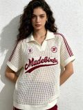 Women American Letter Check Turndown Collar Short-Sleeved Hollow-Out Knitting Casual Top