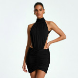 Women Summer High Neck Sleeveless Sexy Backless Pleated Bodycon Dress