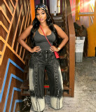 Women Gradient Rivet Patchwork Denim Wide-Leg Pant