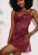 Women Burgunry Rhinestone Nightgown Memory Soft Underwire See-Through Lace Sexy Nightgown
