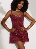 Women Burgunry Rhinestone Nightgown Memory Soft Underwire See-Through Lace Sexy Nightgown