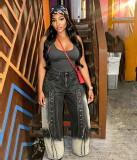Women Gradient Rivet Patchwork Denim Wide-Leg Pant