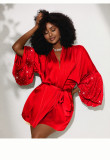 Women Sequin Patchwork Lace-Up Casual Home Robe