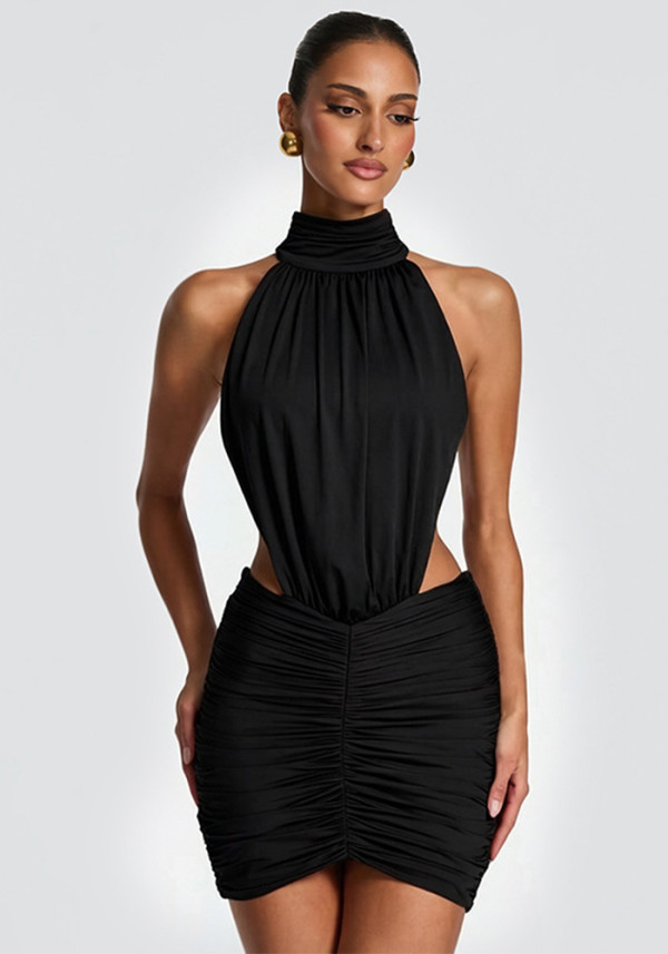Women Summer High Neck Sleeveless Sexy Backless Pleated Bodycon Dress