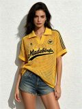 Women American Letter Check Turndown Collar Short-Sleeved Hollow-Out Knitting Casual Top