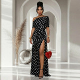 Women Polka Dot Slit Pleated Holidays Bodycon Dress