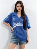 Women American Letter Check Turndown Collar Short-Sleeved Hollow-Out Knitting Casual Top