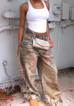 Women Tiger and Leopard Print Patchwork Denim Wide-Leg Pants Women Tiger and Leopard Print Patchwork Denim Wide-Leg Pants
