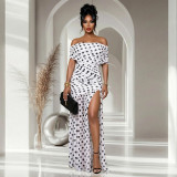 Women Polka Dot Slit Pleated Holidays Bodycon Dress