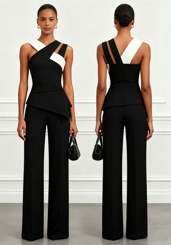 Women sexy black and white color-blocked cross strap halter top and wide-leg pants two-piece set
