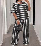 Plus Size Women Casual black and white striped print short-sleeved top and wide-leg pants two-piece set