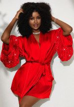 Women Sequin Patchwork Lace-Up Casual Home Robe Women Sequin Patchwork Lace-Up Casual Home Robe