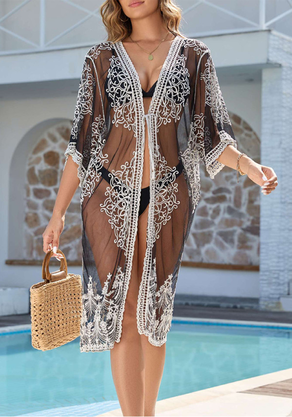 Women Lace Beach Cover-up V-Neck Hollow-Out Summer Beach Holidays Swimsuit