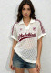 Women American Letter Check Turndown Collar Short-Sleeved Hollow-Out Knitting Casual Top
