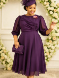 Plus Size Women Deep Purple Chiffon Bubble Three-Quarter Sleeve Dress