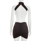 Women Summer High Neck Sleeveless Sexy Backless Pleated Bodycon Dress