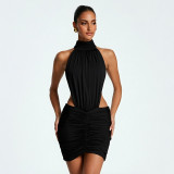 Women Summer High Neck Sleeveless Sexy Backless Pleated Bodycon Dress