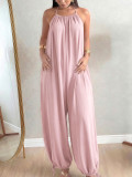 Summer Women's Casual Solid Halter Neck Sleeveless Loose Jumpsuit