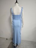 Summer Women's Mesh Square Neck Low Back Ruched Tie Detail Slim Waist Slim Fit Strap Dress