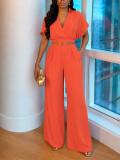 Summer Women's Casual Solid Turndown Collar V-Neck Crop Short Sleeve Top & High Waist Wide Leg Pants Set