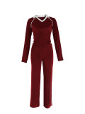 Women's Casual Color Block Turndown Collar Long Sleeve Striped Two-Piece Pants Set