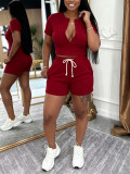 Summer Women's Casual Ribbed Button Front Short Sleeve Color Block Drawstring Two-Piece Shorts Set