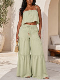 Summer Women's Bohemian Holiday Solid Tie Strap Top & Wide Leg Pants Set