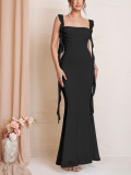 Summer Women's Mesh Square Neck Low Back Ruched Tie Detail Slim Waist Slim Fit Strap Dress