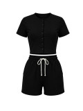 Summer Women's Casual Ribbed Button Front Short Sleeve Color Block Drawstring Two-Piece Shorts Set