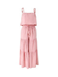 Summer Women's Bohemian Holiday Solid Tie Strap Top & Wide Leg Pants Set