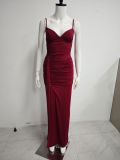 Sexy V-Neck Low Back Slim Waist Ruched High Split Strap Dress