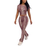 Women's Casual Sports Letter Print Stretch Short Sleeve Two-Piece Pants Set