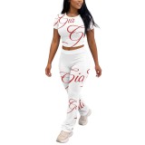 Women's Casual Sports Letter Print Stretch Short Sleeve Two-Piece Pants Set