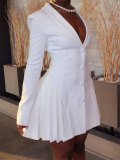 Women's Career Deep V-Neck Long Sleeve Slim Waist Pleated Blazer Dress