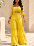 Women's Casual Holiday Smocked Slim Waist Puff Sleeve Crop Top & Ruffle Pants Set