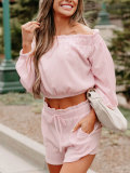 Summer Women's Solid Textured Off Shoulder Crop Top & Shorts Two-Piece Set