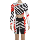Summer Women's Fashion Style Striped Print Round Neck Crop Long Sleeve Top & Pants Set