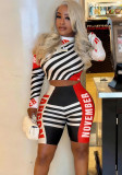 Summer Women's Fashion Style Striped Print Round Neck Crop Long Sleeve Top & Pants Set