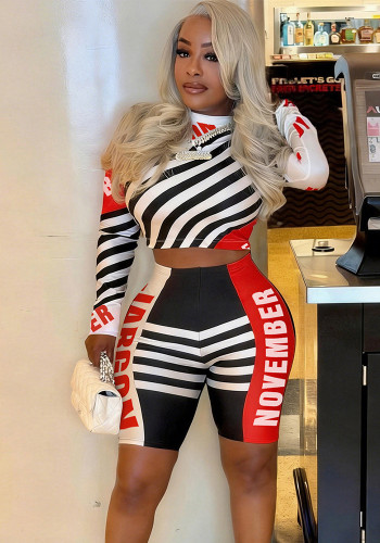 Summer Women's Fashion Style Striped Print Round Neck Crop Long Sleeve Top & Pants Set