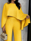 Women's Career Solid Textured Slash Shoulder Bat Sleeve Wide Leg Pants Casual Two-Piece Set