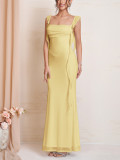 Summer Women's Mesh Square Neck Low Back Ruched Tie Detail Slim Waist Slim Fit Strap Dress