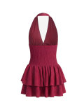 Summer Women's Sexy Party Solid V Halter Neck Pleated Slim Waist Ruffle Tiered Mini Dress