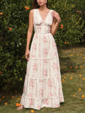 Lace Patchwork Sexy V-Neck Printed Slim Waist Strap Dress