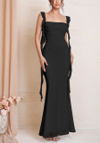 Summer Women's Mesh Square Neck Low Back Ruched Tie Detail Slim Waist Slim Fit Strap Dress
