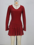 Women's Chic Elegant V-Neck Bell Sleeve Slim Waist Asymmetrical Ruffle Dress
