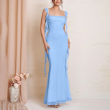 Summer Women's Mesh Square Neck Low Back Ruched Tie Detail Slim Waist Slim Fit Strap Dress