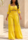 Women's Casual Holiday Smocked Slim Waist Puff Sleeve Crop Top & Ruffle Pants Set