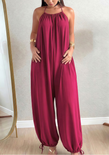 Summer Women's Casual Solid Halter Neck Sleeveless Loose Jumpsuit