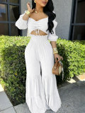Women's Casual Holiday Smocked Slim Waist Puff Sleeve Crop Top & Ruffle Pants Set