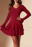 Women's Chic Elegant V-Neck Bell Sleeve Slim Waist Asymmetrical Ruffle Dress
